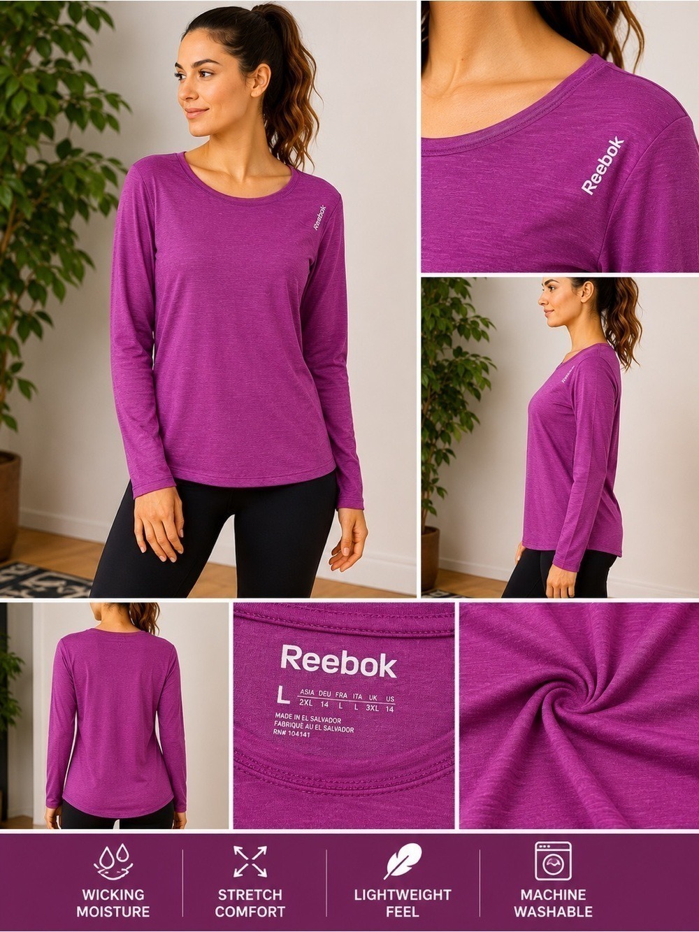 Reebok Women’s Long Sleeve Performance Tee Purple Size Large